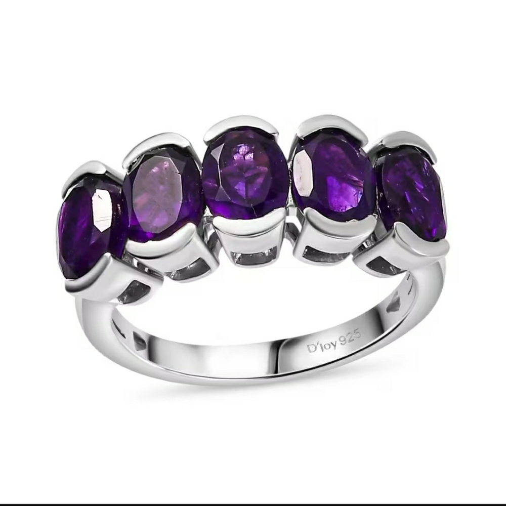 NWOT Premium African Amethyst 5 Stone Ring in Platinum & Sterling Silver Size 7